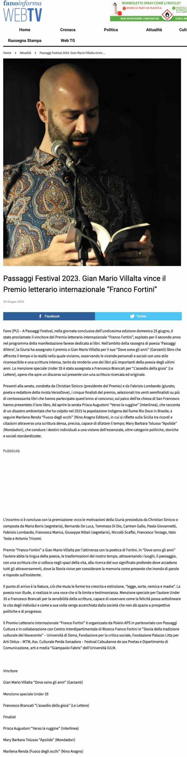 Fano Informa – Passaggi Festival 2023. Gian Mario Villalta vince il Premio letterario internazionale “Franco Fortini”