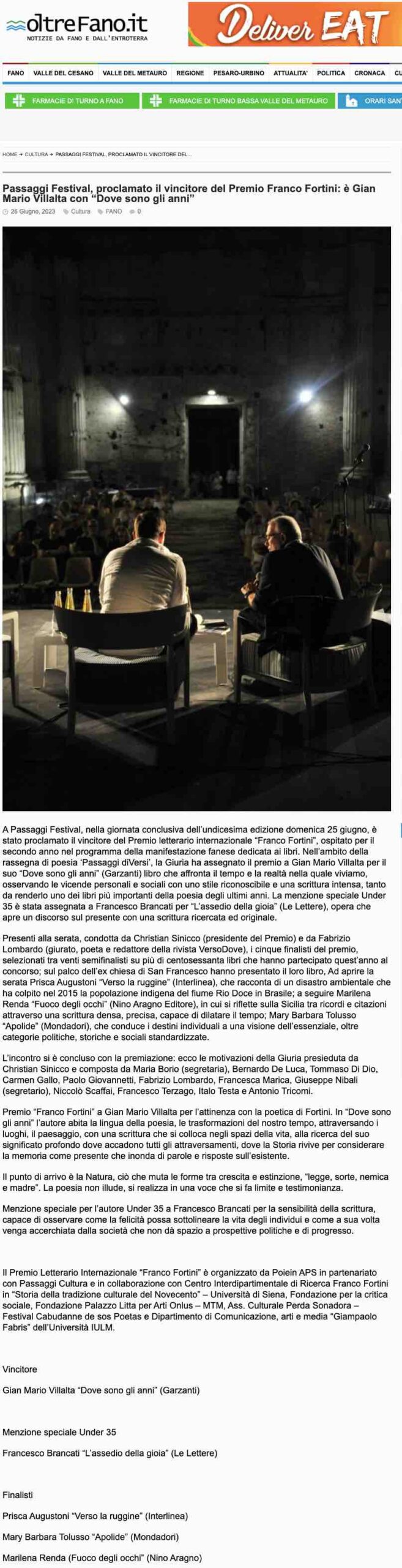 Oltre Fano – Passaggi Festival, proclamato il vincitore del Premio Franco Fortini: è Gian Mario Villalta con “Dove sono gli anni”