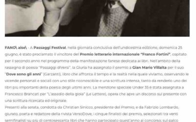 Aise – Passaggi Festival: a Gian Mario Villalta con “Dove sono gli anni” il Premio letterario internazionale “Franco Fortini”