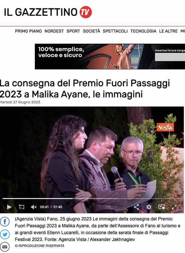 Il Gazzettino.it – La consegna del Premio Fuori Passaggi 2023 a Malika Ayane, le immagini
