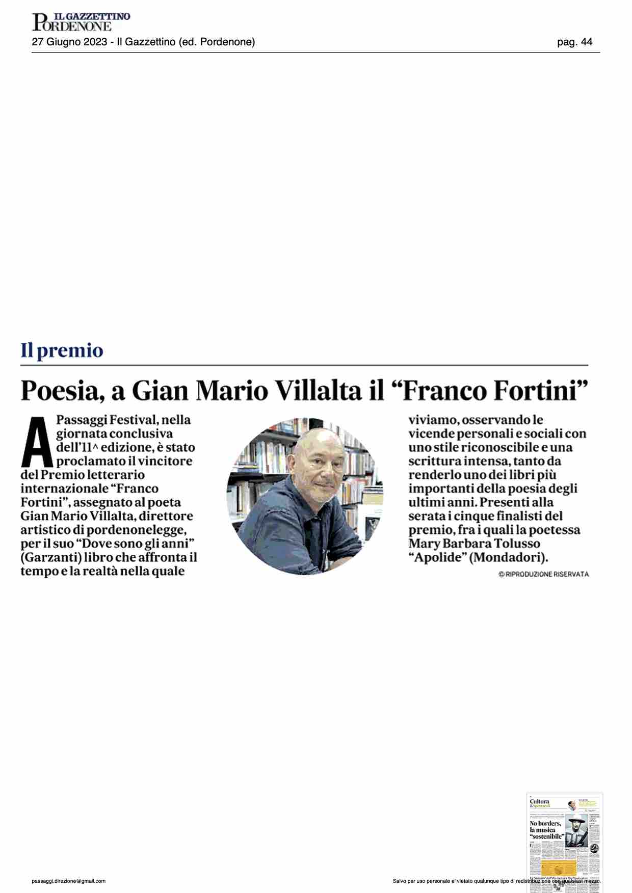 Il Gazzettino – Poesia, a Gian Mario Villalta il “Franco Fortini”