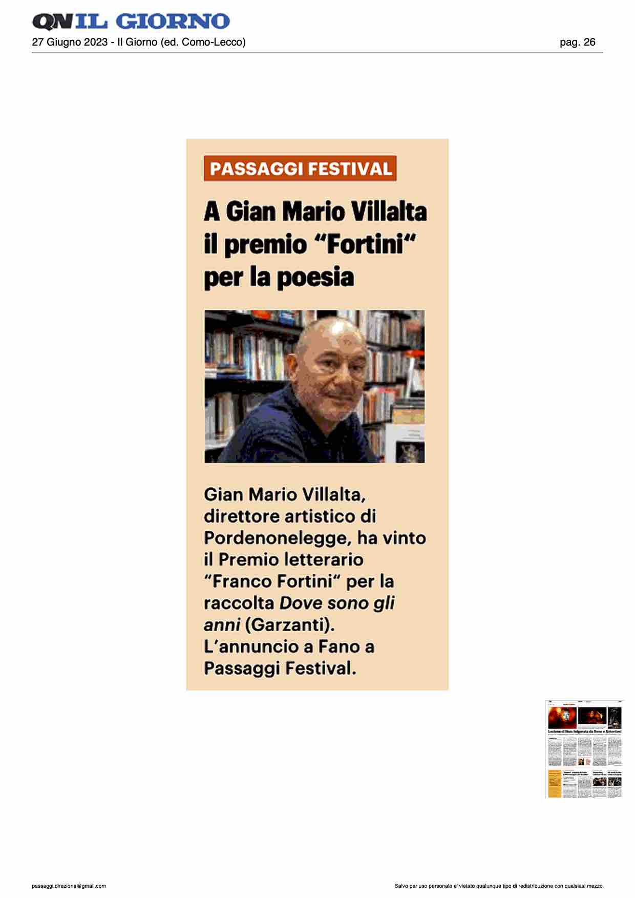 Il Giorno – A Gian Mario Villalta il premio “Fortini” per la poesia