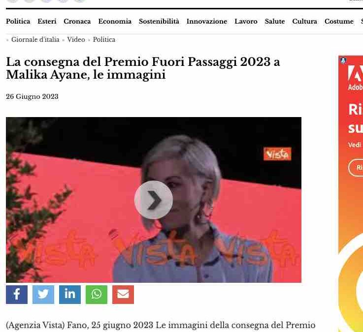 Il Giornale d’Italia – La consegna del Premio Fuori Passaggi 2023 a Malika Ayane, le immagini