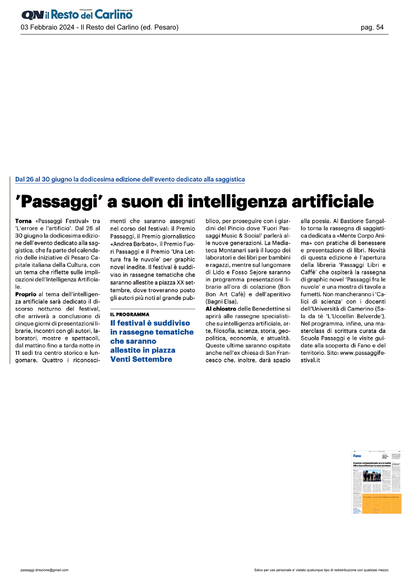 IL Resto del Carlino – Passaggi Festival a suon d’intelligenza artificiale