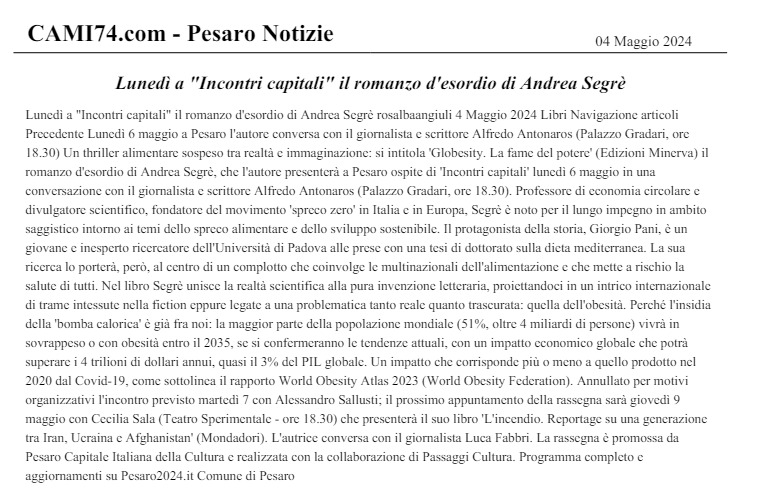 Pesaro Notizie-Lunedì a “Incontri Capitali” il romanzo d’esordio di Andrea Segrè