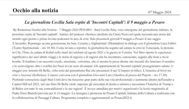 Occhio alla notizia-La giornalista Cecilia Sala ospite di ‘Incontri Capitali’: il 9 maggio a Pesaro