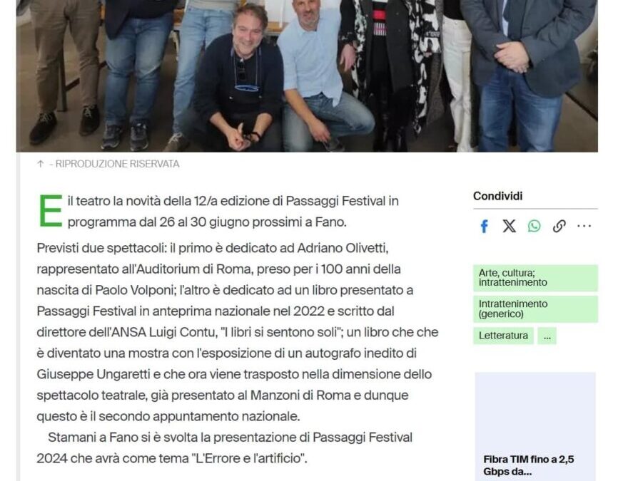 Ansa – Al via Passaggi Festival a Fano, la novità è il teatro