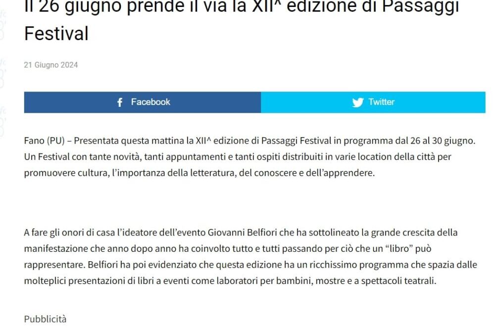 Fanoinforma – Il 26 giugno prende il via la XII^ edizione di Passaggi Festival