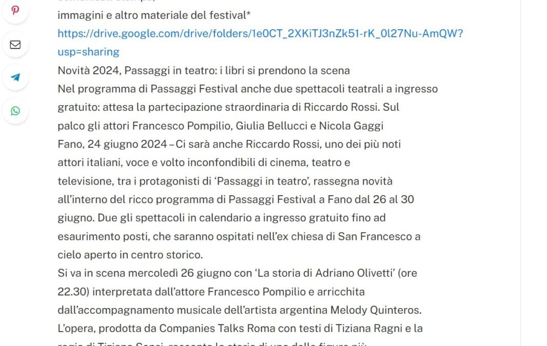 Agenparl-COMUNICATO STAMPA – Novità 2024, Passaggi in teatro i libri si prendono la scena