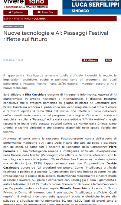 Vivere Fano-Nuove tecnologie e AI: Passaggi Festival riflette sul futuro