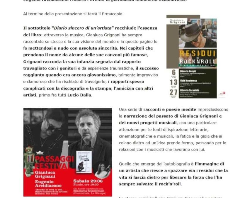 Oltre Le Colonne- Gianluca Grignani incontra il pubblico per presentare “Residui di Rock’n’Roll – Diario sincero di un artista”, l’autobiografia scritta con Eugenio Arcidiacono