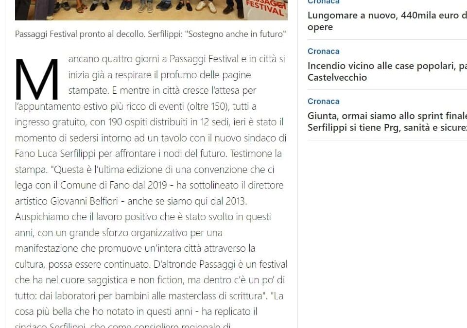 Il Resto del Carlino.it – Passaggi Festival pronto al decollo. Serfilippi: “Sostegno anche in futuro”