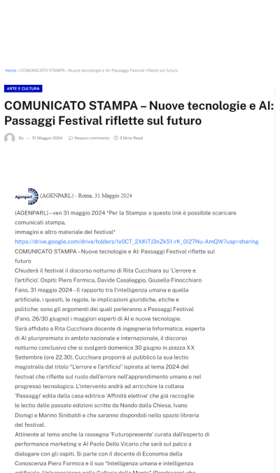 Agenparl-Nuovr trcnlogie e AI: Passaggi Festival riflette sul futuro