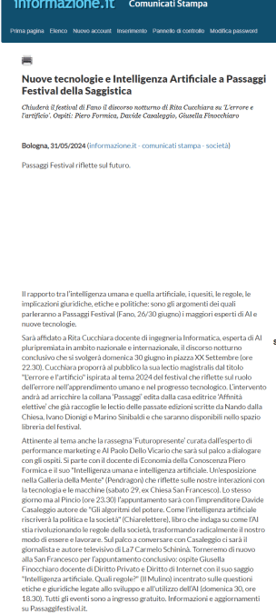 Informazione.it-Nuove tecnologie e Intelligenza Artificiale a Passaggi Festival della Saggistica