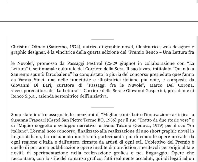Marcheinfinite – Christina Olindo, con “Quando a Sanremo spuntò l’arcobaleno”, vince la quarta edizione del Premio per short graphic novel di Passaggi Festival